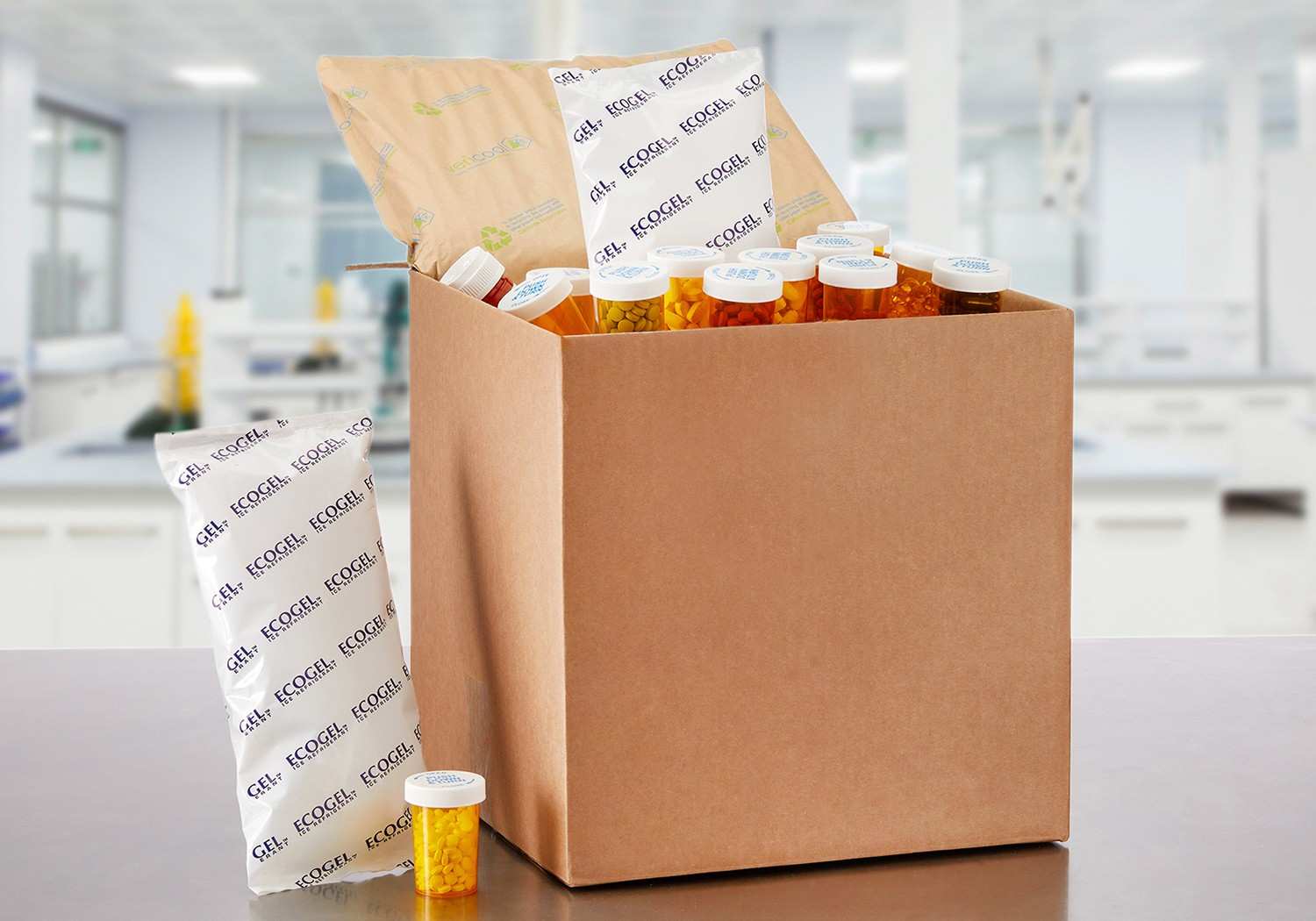 a picture of ecogel gel packs with a pharmacy delivery box